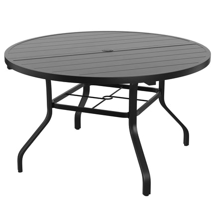 Round Outdoor Patio Dining Table, 47' Round Patio Table Wood-Like Grain with 1.57' Umbrella Hole, Metal Outdoor Dining Tables for Backyard and Poolside