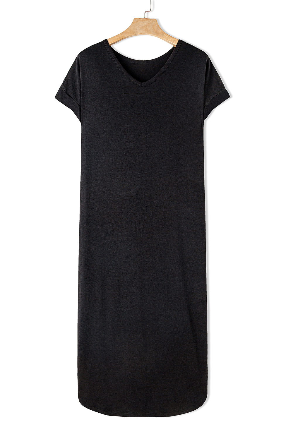 Black Solid Color Hidden Pocket V Neck Slit Maxi Dress - Eloy Royal