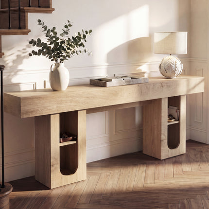 79 Inch Long Console Table with Outlet, Entryway Table with Storage Shelves, Thick Heavy Duty High Density MDF Farmhouse Sofa Table for Hallway Behind Couch,Living Room,Wood