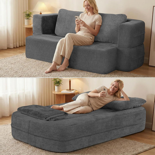Convertible Sofa Bed with Blanket, Boneless Cloud Couch Queen Scott Fabric for Living Room Bedroom, 
Modular Loveseat with High-Density Solid Sponge No Assembly,Grey.