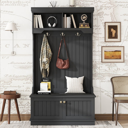 Hall Tree with Storage Shoe Bench for Entryway and Hallway, 4-in-1 Design Coat Racks with Hooks for Living Room, Black