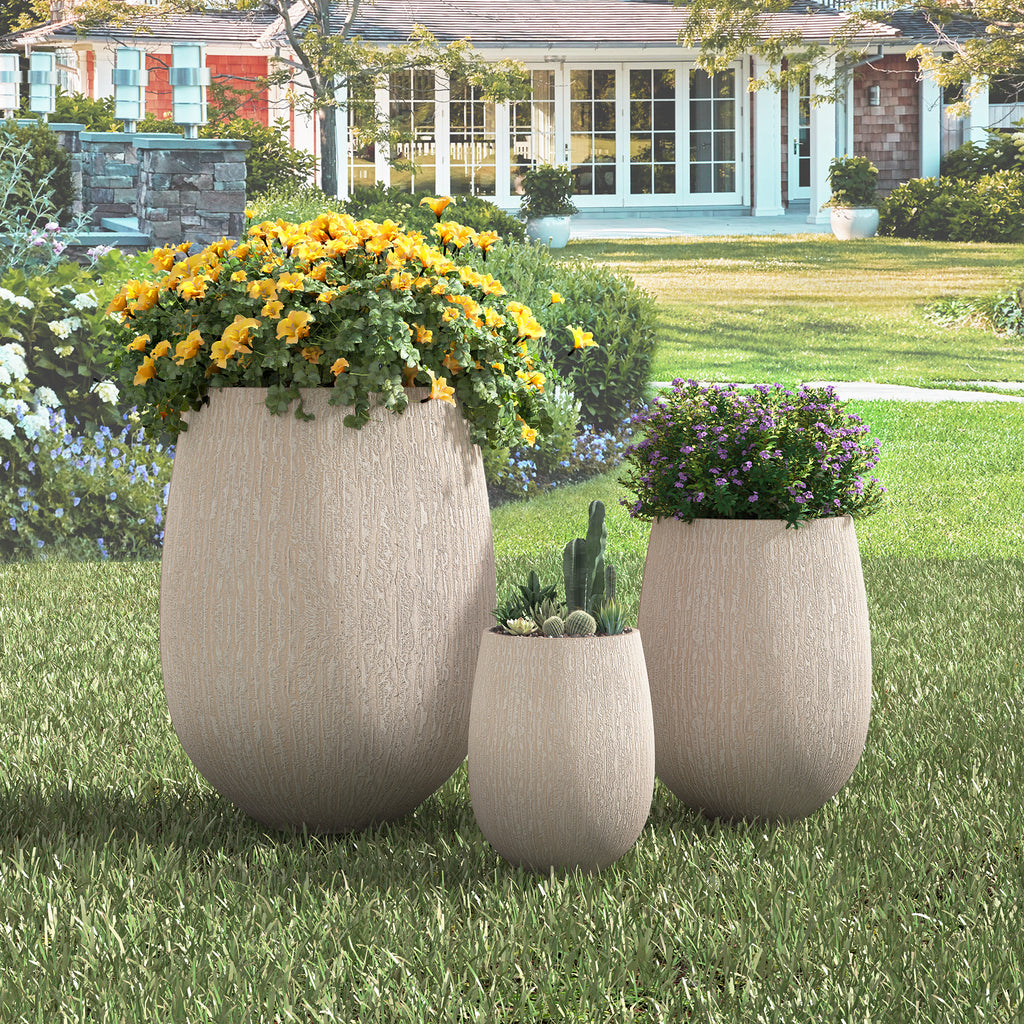 U_Style Egg-Shaped Lightweight MGO Outdoor Planter Set of 3,Modern Stone-Look Textured Flower Pots with Drainage Holes and Rubber Plug, Suitable for Patio, Garden, Poolside & Indoor