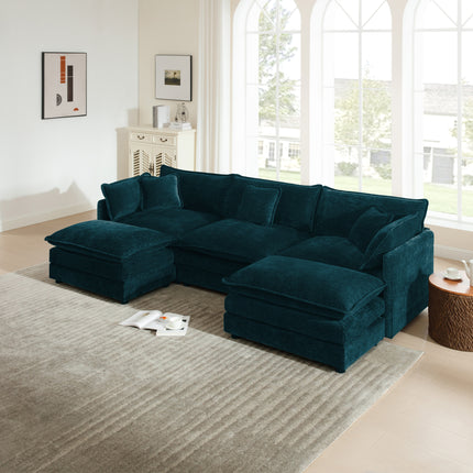 U-Shaped Sectional Sofa w/Reversible Footrest, 3-Seater Convertible Corner Couch with 2 Ottomans ,Modern Minimalist Soft Sofa & Couch for Living Room , Blue Chenille