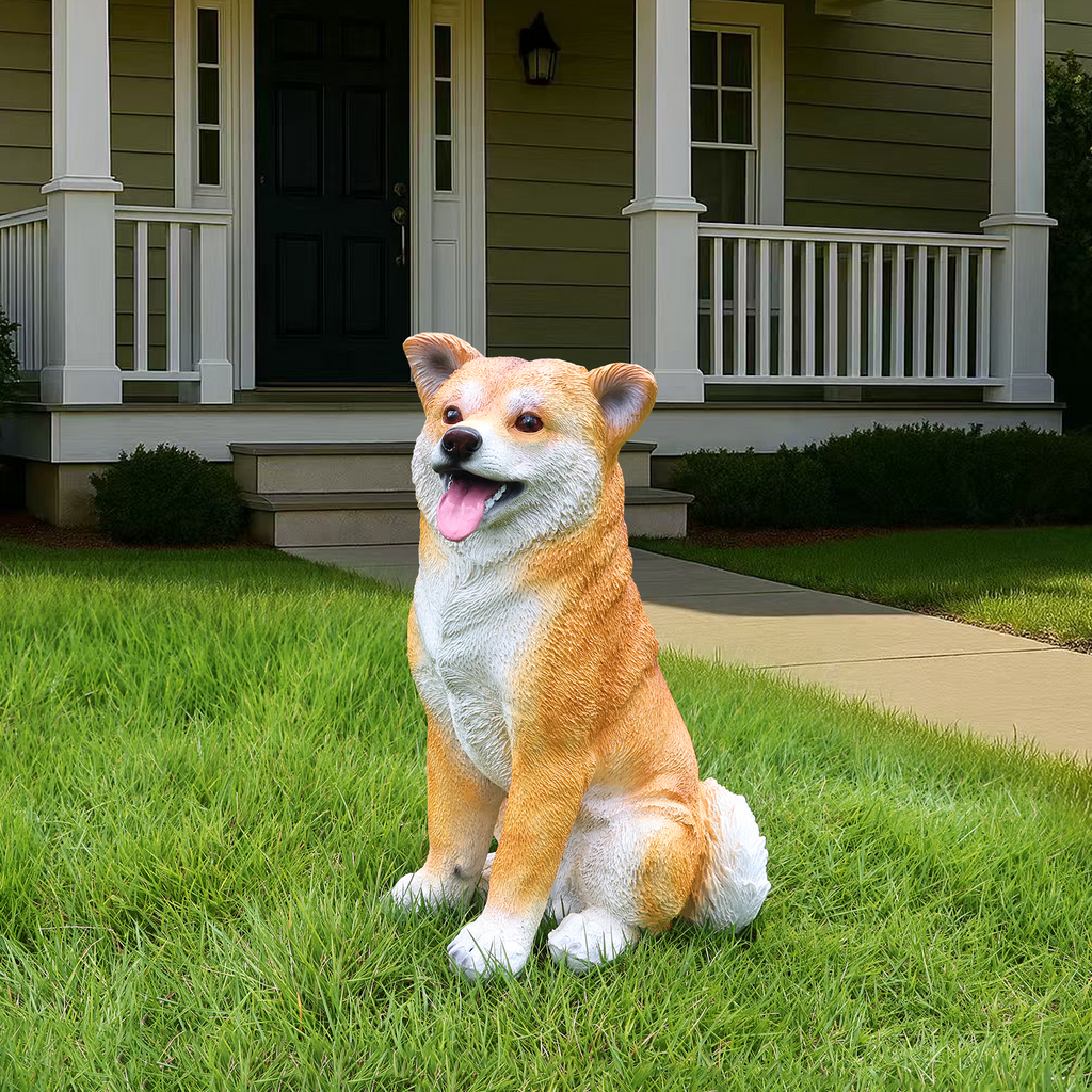 Lifelike Shiba Inu Dog Statue, Realistic Resin Animal Figurine for Indoor Outdoor Garden Lawn Yard Home Decor, Art Craft Gift, Brown+White