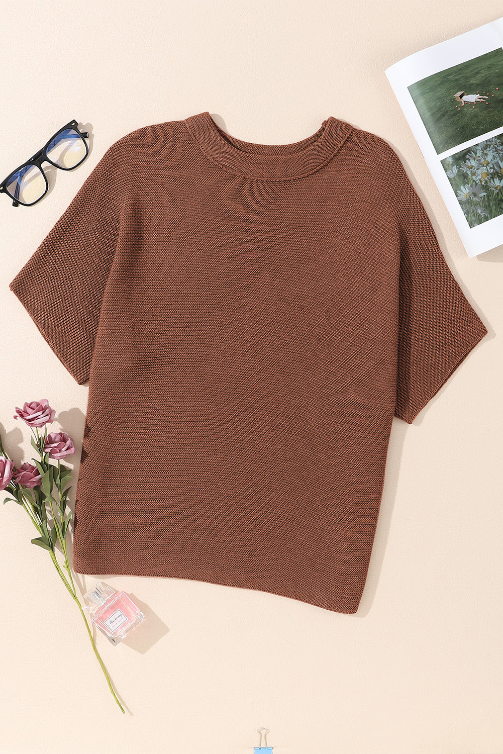 Coffee Mock Neck Short Batwing Sleeve Sweater - Eloy Royal