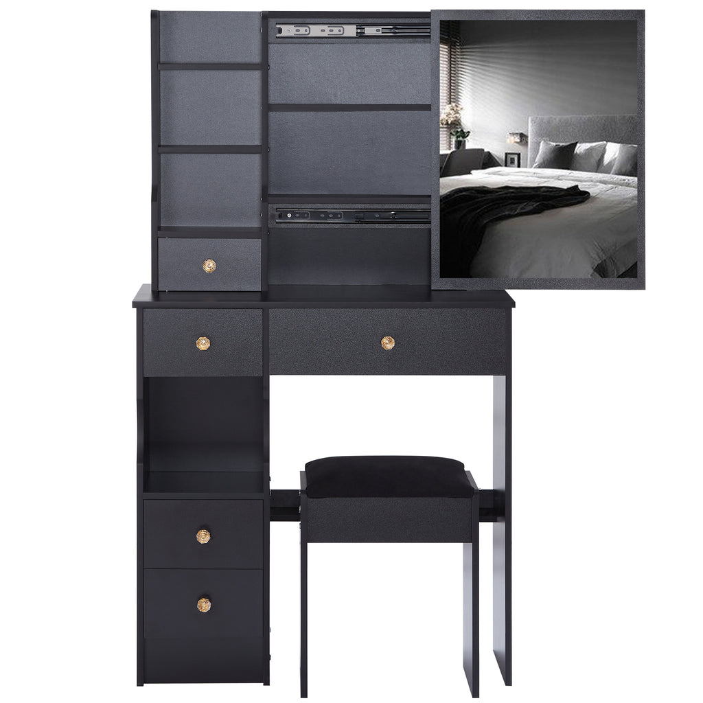 29.2' Small Space Left Drawer Desktop Vanity Table + Cushioned Stool, Extra Large Right sliding mirror, Multi Layer High Capacity Storage, Practical Fashionable Dresser, Suitable For Small Space