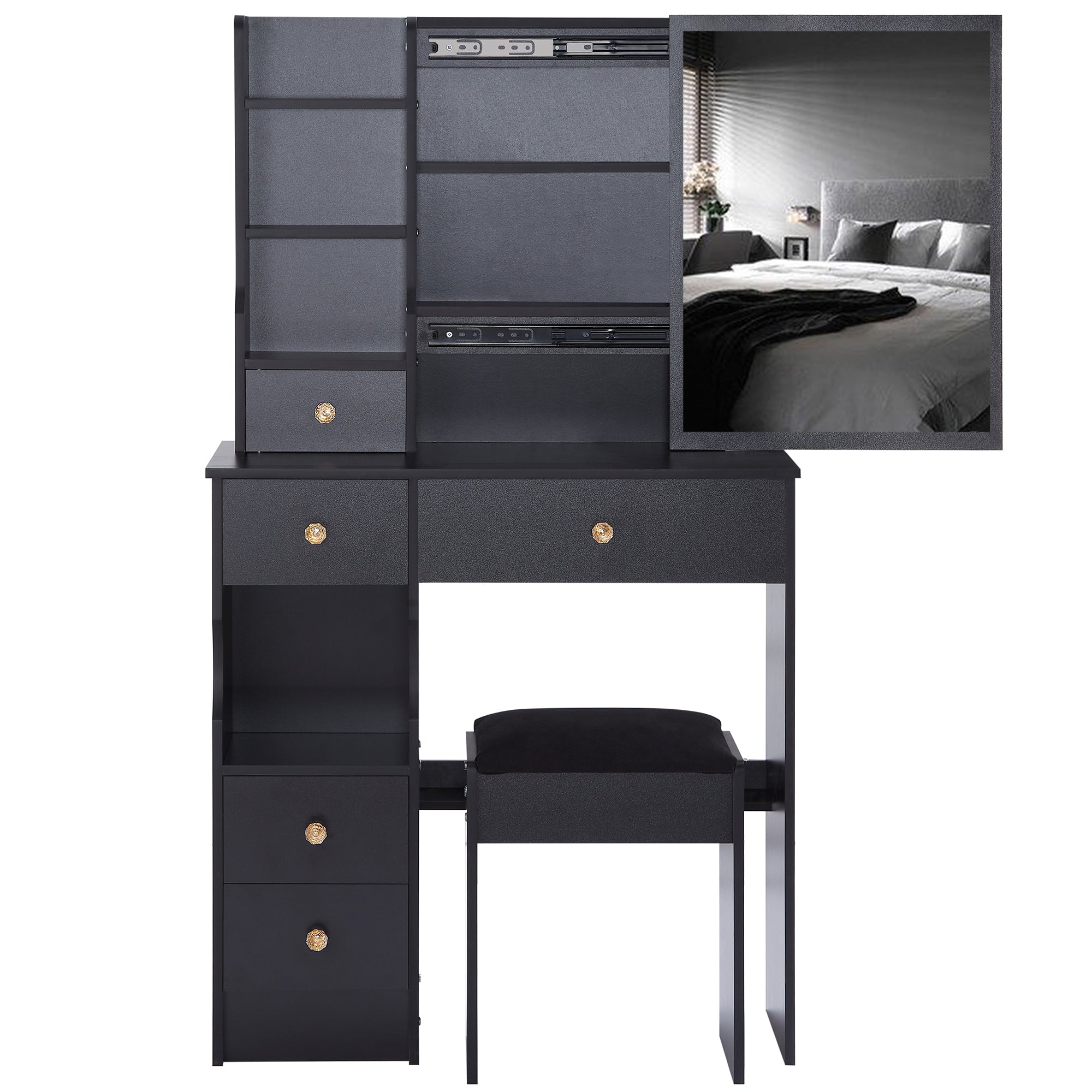 29.2' Small Space Left Drawer Desktop Vanity Table + Cushioned Stool, Extra Large Right sliding mirror, Multi Layer High Capacity Storage, Practical Fashionable Dresser, Suitable For Small Space
