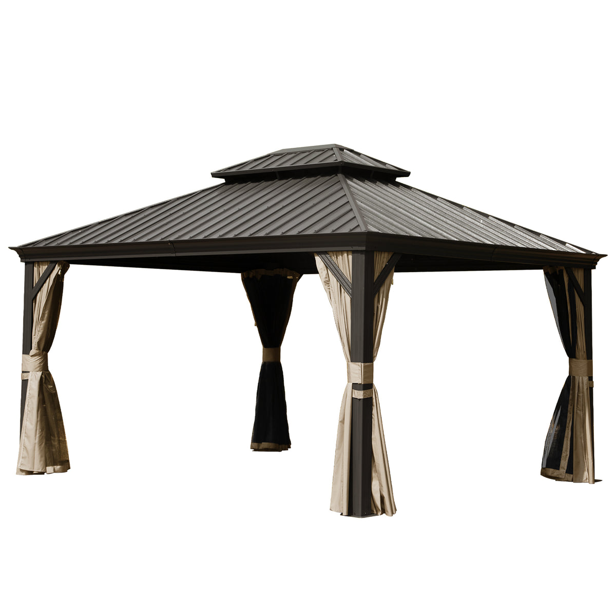10' X 14' Hardtop Gazebo Permanent Outdoor Gazebo with Galvanized Steel Double Roof, Aluminum Frame, Curtains and Netting for Patio Lawn and Garden, Brown