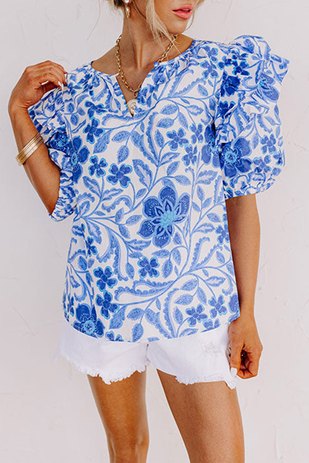 Dark Blue Floral Print Ruffled Bubble Sleeve Blouse - Eloy Royal