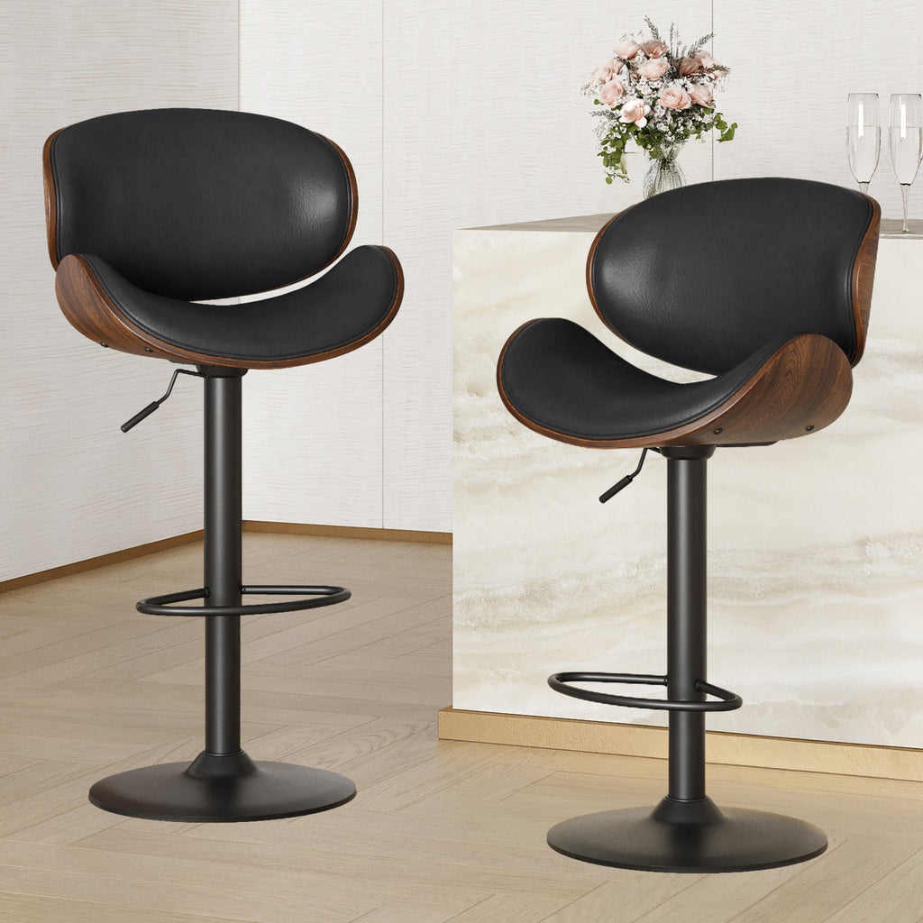 Swivel Bar Stools Set of 2 Adjustable Height Bentwood Barstools with PU Leather Upholstered Seat, Backrest and Footrest,Modern Kitchen Counter Chairs for Bar, Dining Room