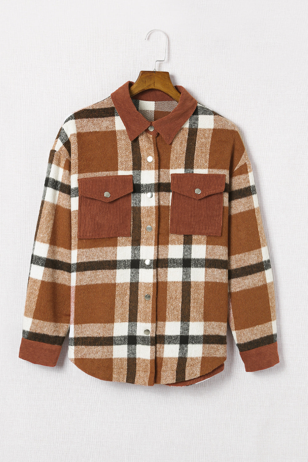 Brown Plaid Pocket Casual Buttons Up Shirt Shacket - Eloy Royal