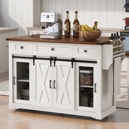 K&K 58' Farmhouse Kitchen Island with Storage, Sliding Barn Door & Metal Grid Side Door, Rolling Kitchen Island on 5 Wheels with Spice Rack, Glass Holders,Island Table with Drop Leaf for Kitchen,White