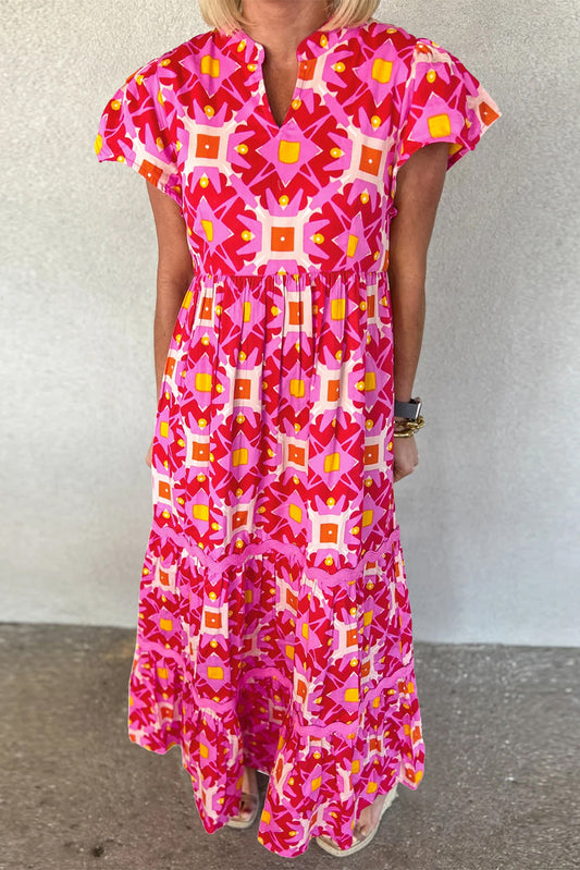 Strawberry Pink Abstract Print Pleated Flounce Sleeve Maxi Dress - Eloy Royal