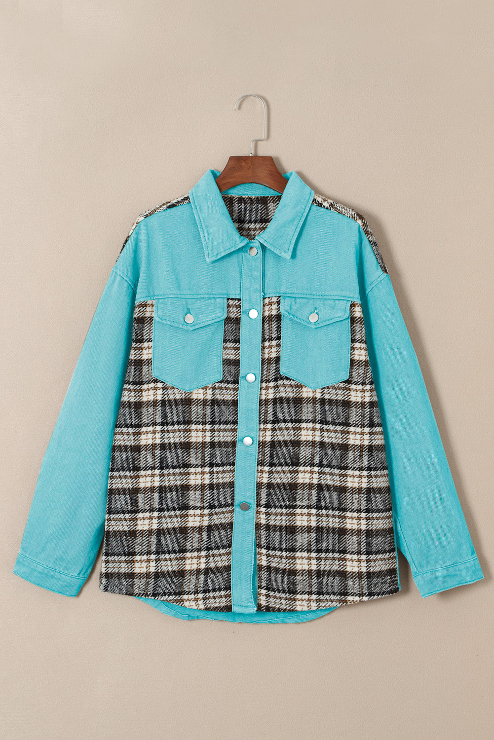 Wholesale Brown Plaid Patchwork Pockets Denim Jacket - Eloy Royal