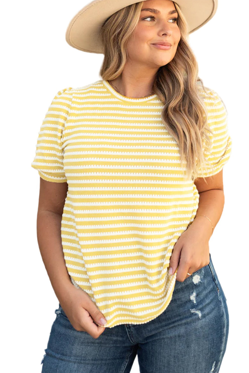 Yellow Stripe Short Puff Sleeve Plus Size Top - Eloy Royal