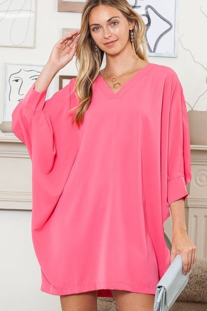 Strawberry Pink Solid Color V Neck 3/4 Sleeve Dress - Eloy Royal