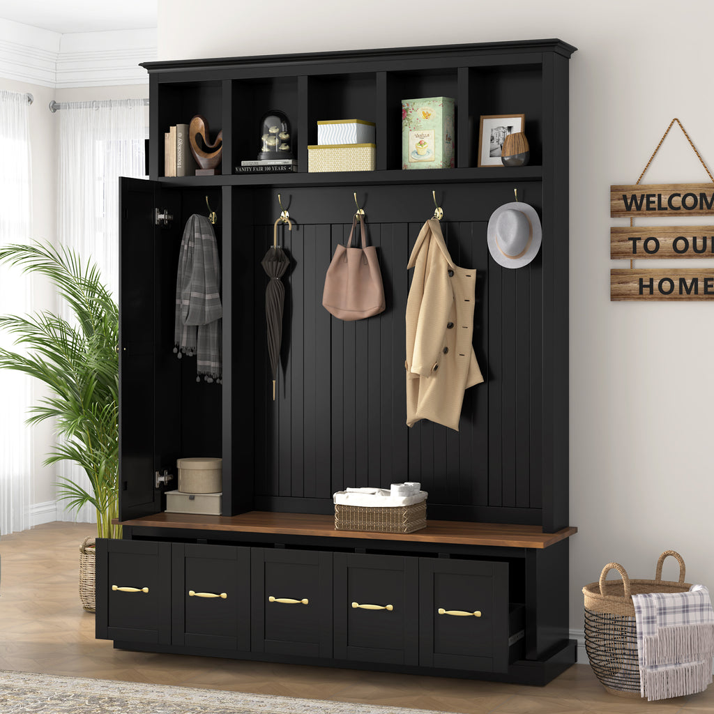U-Can Entryway Hall Tree with Coat Hooks, Shoe Bench & Drawer Storage Cabinet