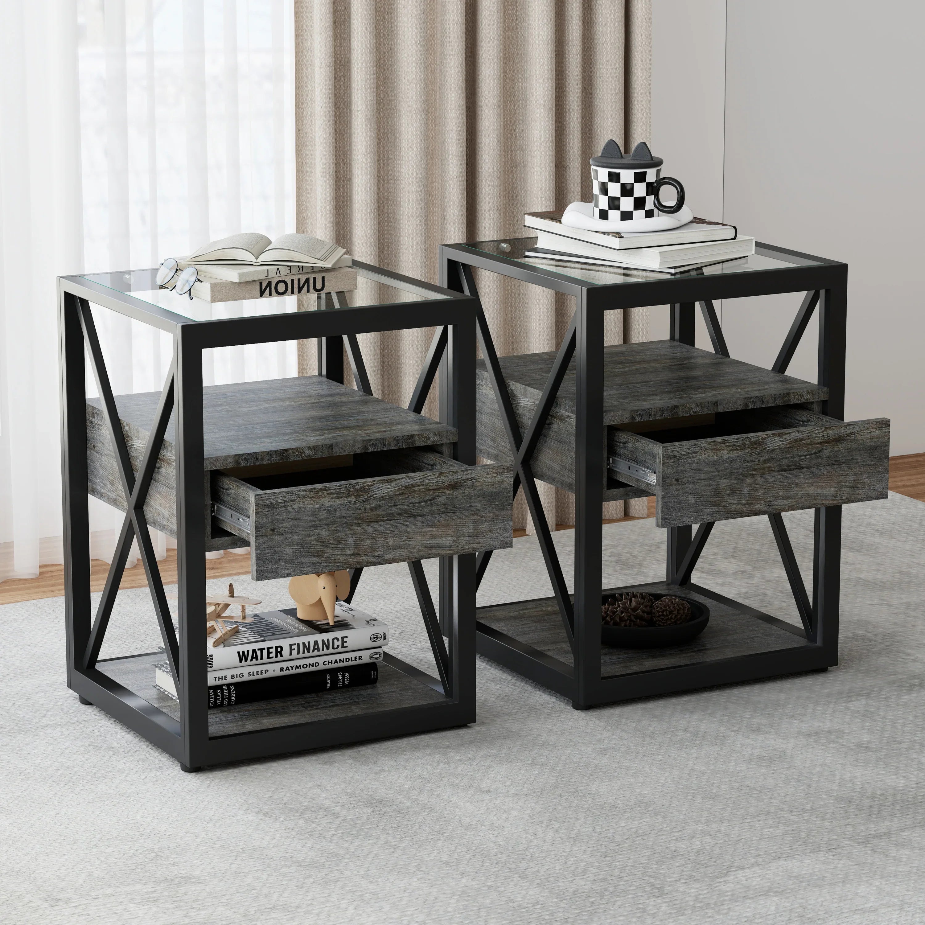 Set of 2 Modern End Table with Drawer - Nightstand for Bedroom & Living Room, Rustic Wood Grain MDF & Tempered Glass Top, Industrial Style Side Table - Eloy Royal