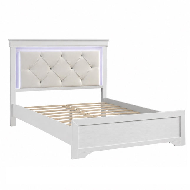 White Faux Leather Tufted HB Queen Bed 3pc Set with LED Lighting Solid Wood Nightstands Unique Texture