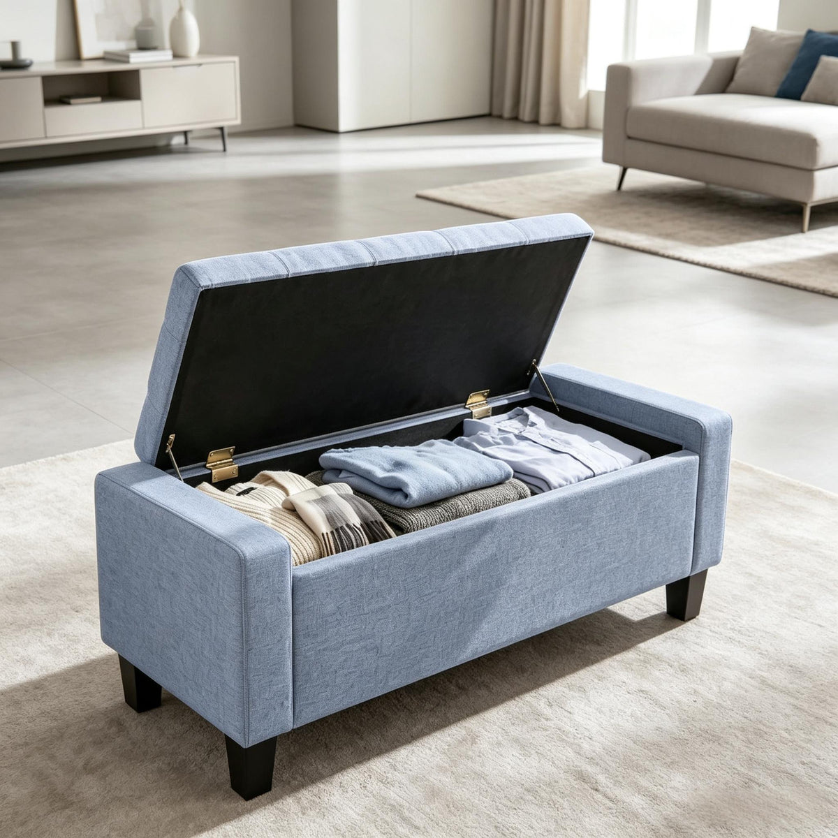 36.6 Inch Tufted Armrest Storage Ottoman Bench with Wooden Legs for Entryway Bedroom Living Room