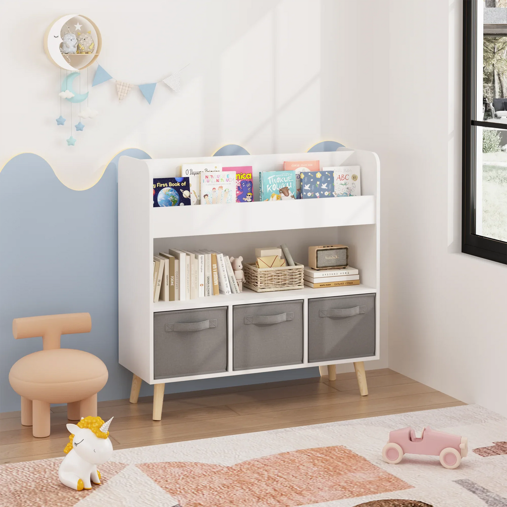 Modern Kids Bookshelf with 3 Fabric Bins, White and Gray Storage Shelf for Toys and Books, Ideal for Playroom, Bedroom, or Nursery - Eloy Royal