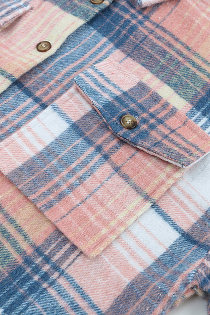 Pink & Grey Plaid Button Up Collared Flannel Shacket - Eloy Royal