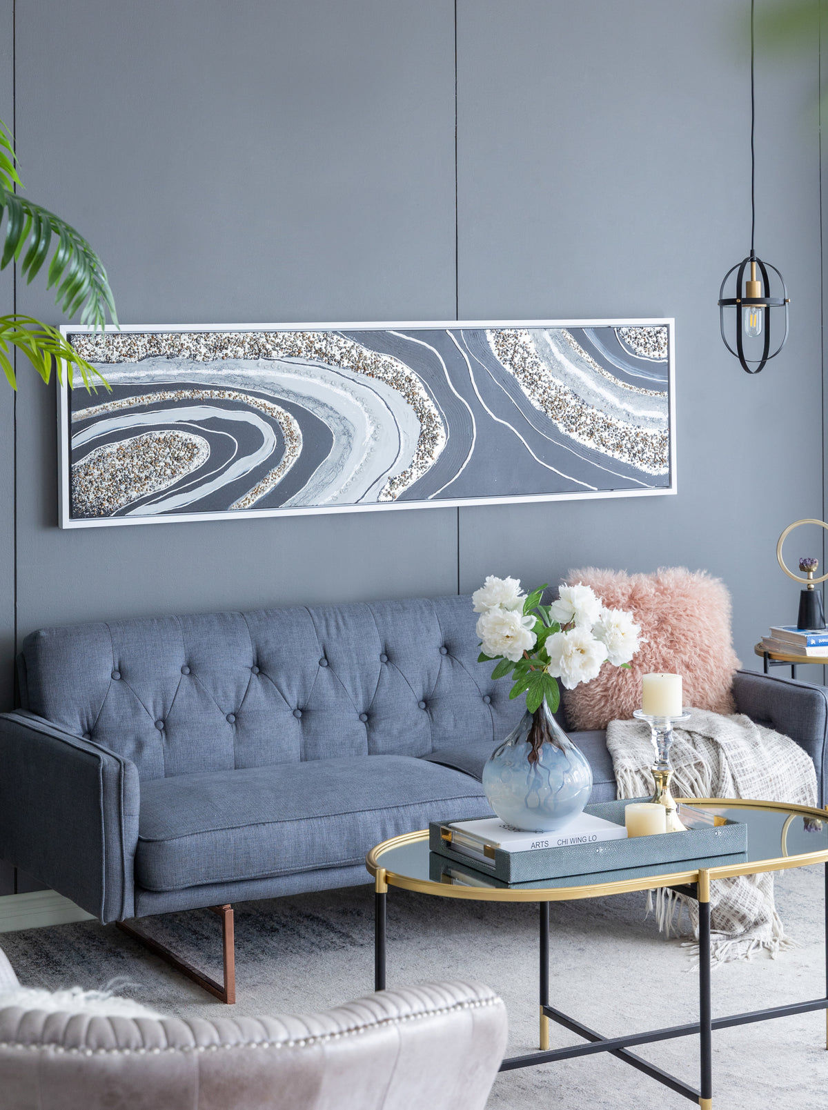 70.9x19.7x1.5' Elongated Landscape Rectangle Framed Oil Painting, Brown and Black with Silver Stones