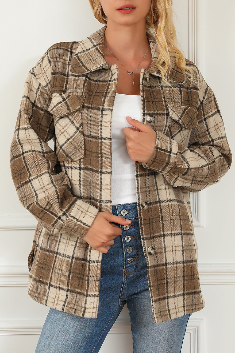 Brown Plaid Print Chest Pockets Shacket - Eloy Royal