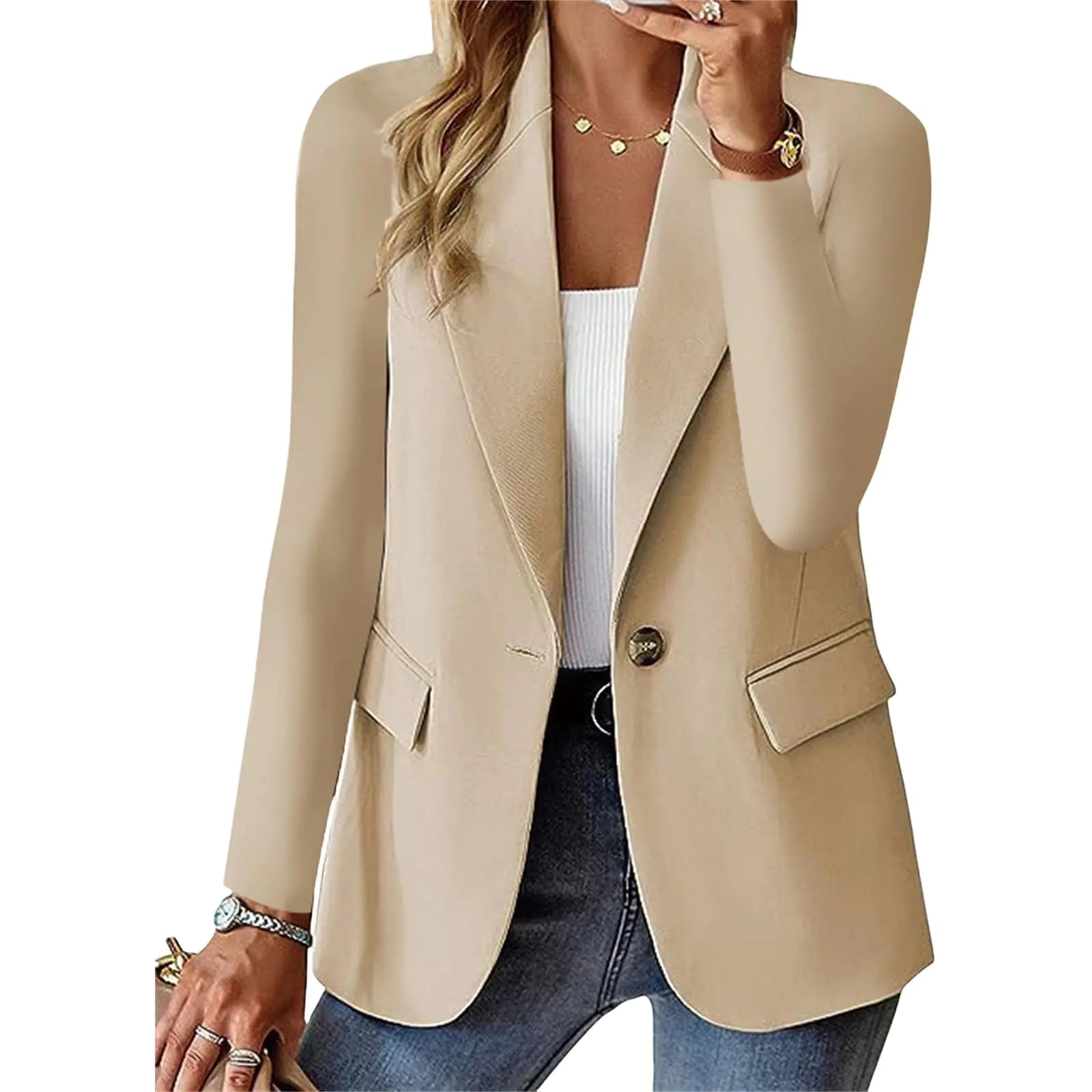 Bussiness Casual Blazers for Women Long Sleeve Button Open Front Blazer Jacket Solid Trendy Suite Jacket with Pockets A-Beige