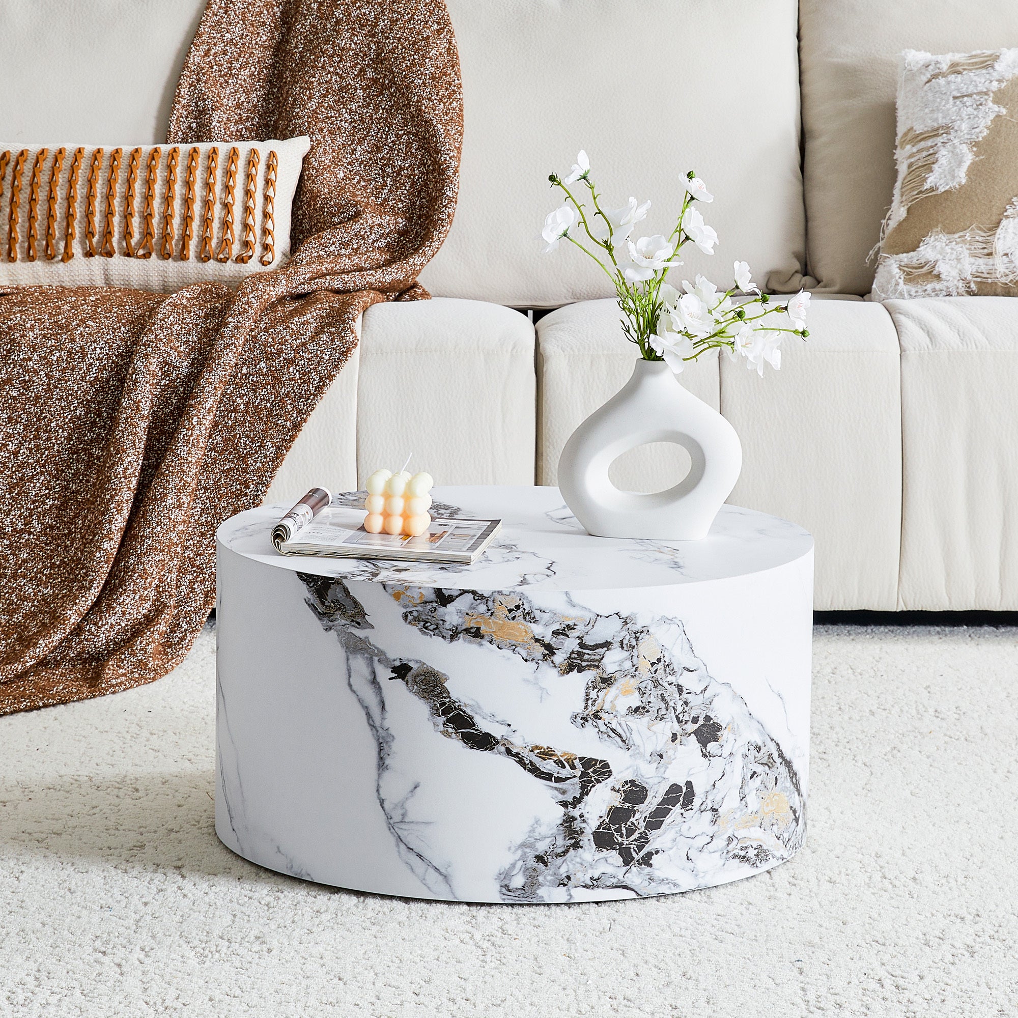 Simple White MarbleTexture Round MDF Coffee Table: 23.6' Diameter × 11.8' Height, Modern Minimalist Style, Perfect for Living Room, Apartment & Home Decor.No Need Assembly.