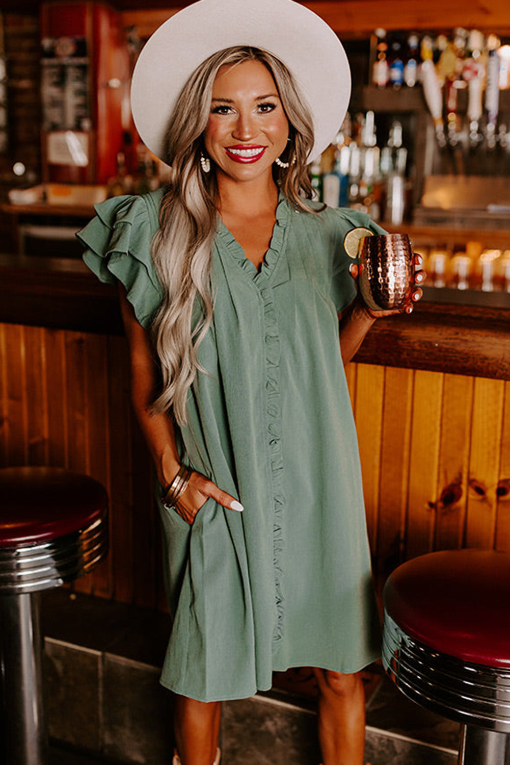 Black Ruffle Sleeve V Neck Frilled Shift Dress - Eloy Royal