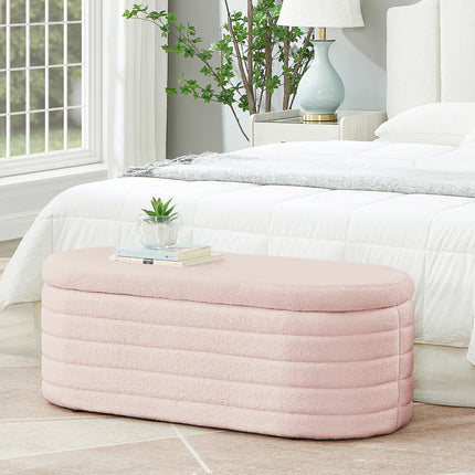 Modern Oval Storage Ottoman Bench, Upholstered Fabric End of Bed Storage Bench Aesthetic Large Foot of Bed Storage Bench for Bedroom Living Room Entryway
