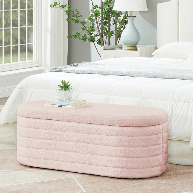 Modern Oval Storage Ottoman Bench, Upholstered Fabric End of Bed Storage Bench Aesthetic Large Foot of Bed Storage Bench for Bedroom Living Room Entryway