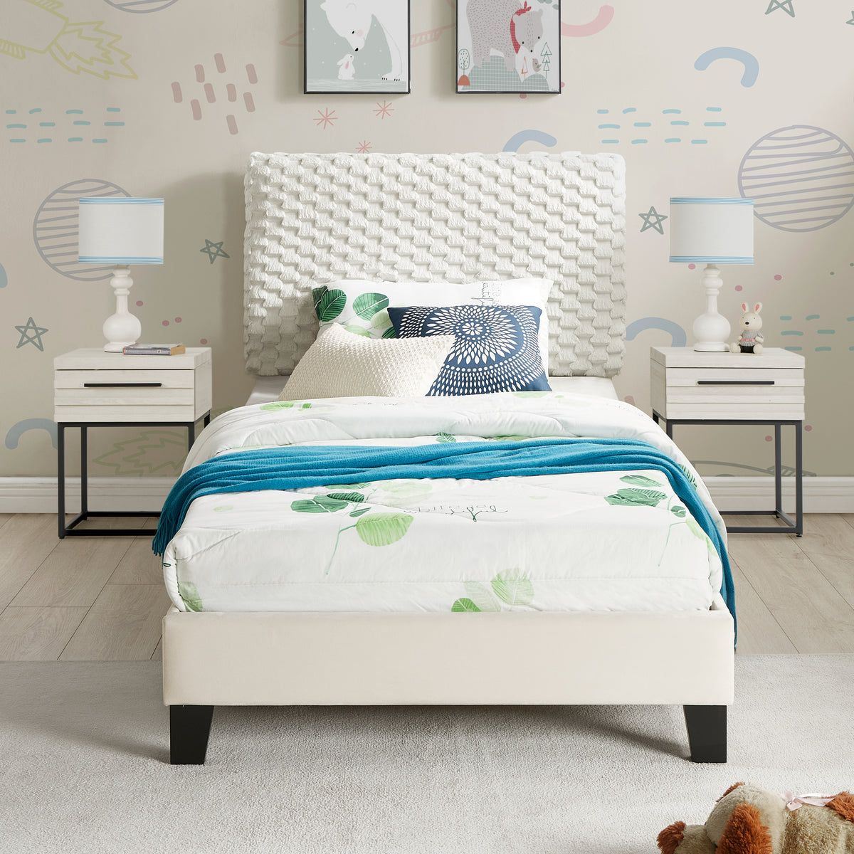 Findlay 3-Piece Bedroom Set, Plush 3D Upholstered Bed with Two Nightstands, Twin