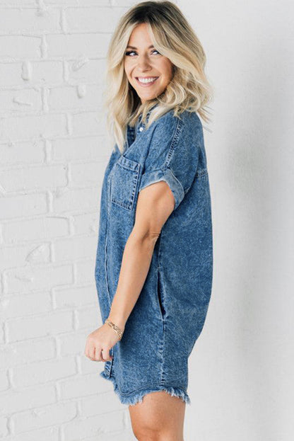 Blue Mineral Wash Cuffed Sleeve Frayed Hem Denim Dress - Eloy Royal