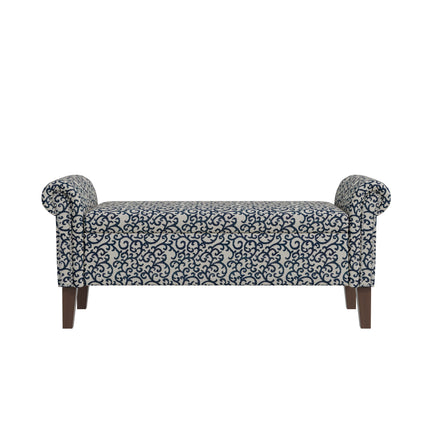 Wallen Traditional Rolled Arm Storage Bench Ottoman with Pewter Nailhead Trim in Black Curly Vine Pattern with Dark Brown Solid Wood Legs