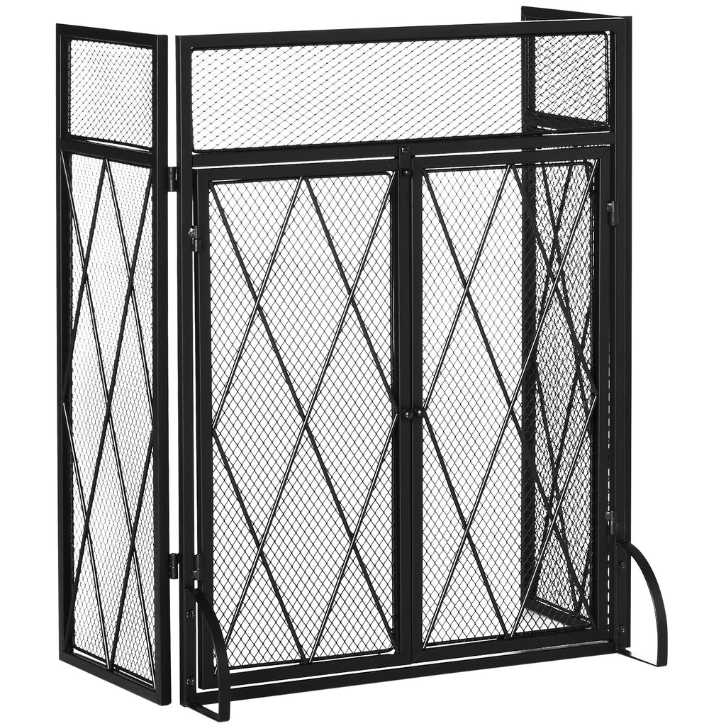 3-Panel Folding Fireplace Screen for Wood Burning with Double Doors, Home Heavy Duty Steel Fire Spark Guard, 47.25' x 31', Black