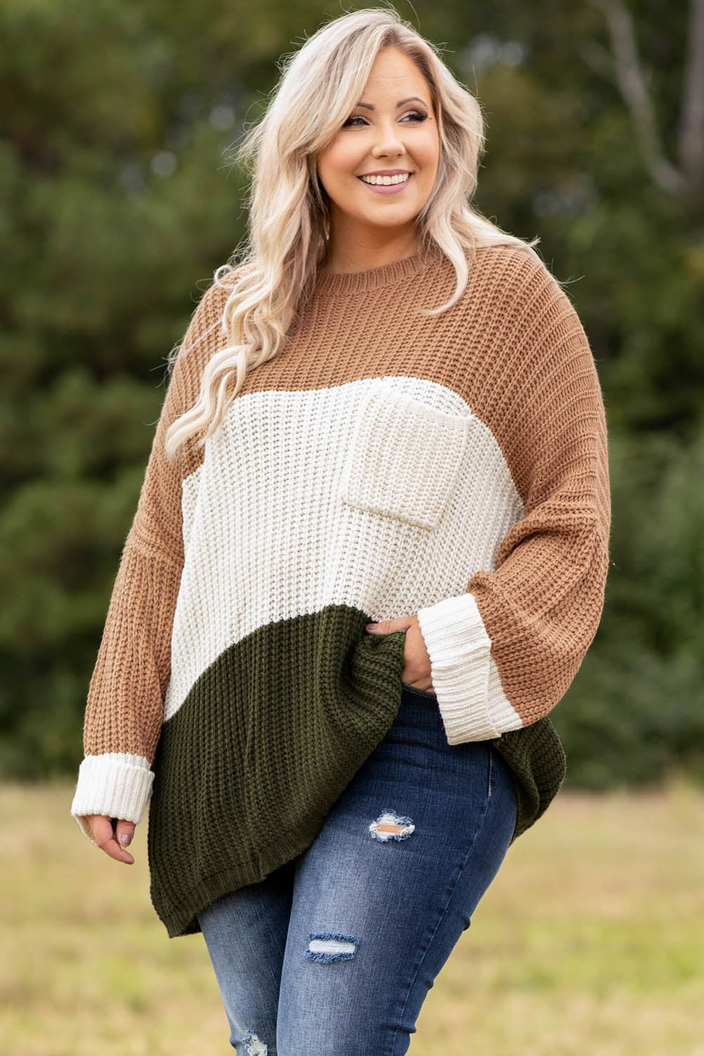 Khaki Color Block Tiered Knit Plus Size Sweater - Eloy Royal