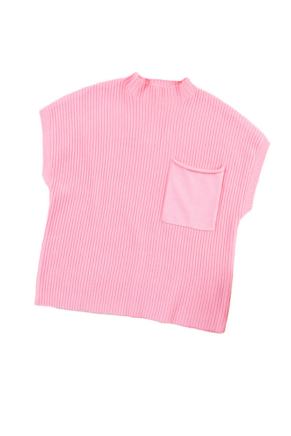 Pink Patch Pocket Ribbed Knit Short Sleeve Sweater