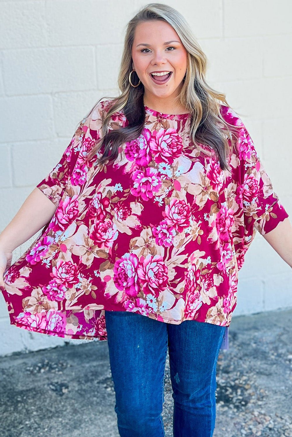 Red Plus Size Floral Print Half Sleeve Blouse - Eloy Royal