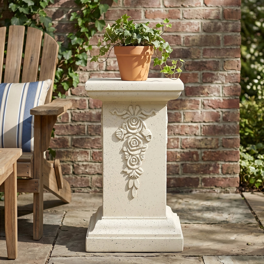 22.44'H Ornate Floral Pedestal Plant Stand, Sand Finish MGO Decorative Column Side Table for Indoor/Outdoor, No Assembly Required