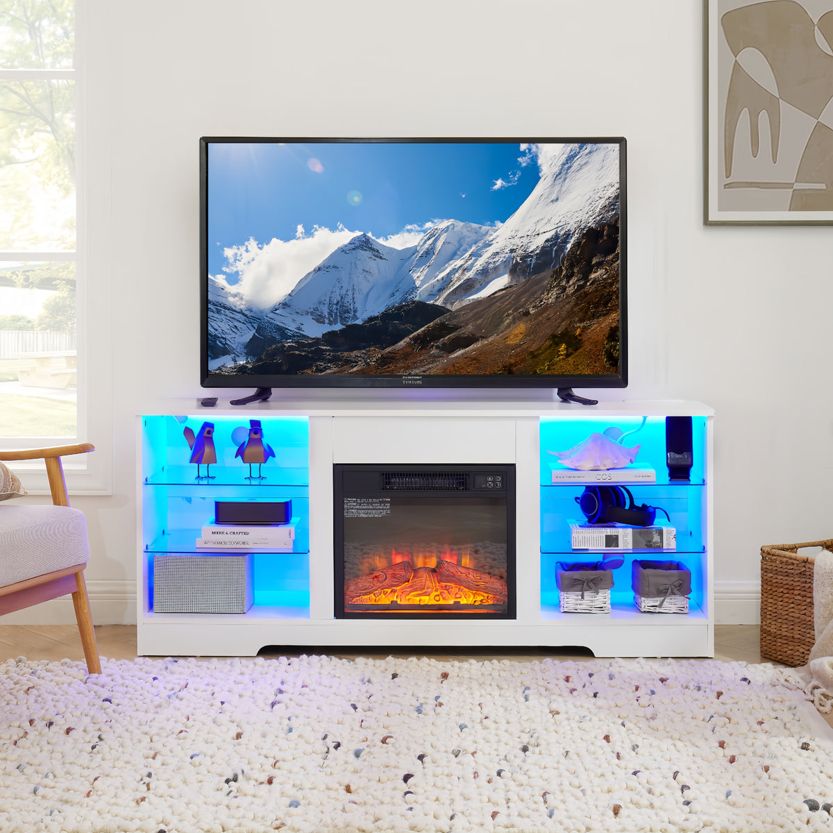 TV Stand Electric Fireplace TV Stand with Glass Shelves, 3D Fireplace TV Stand with LED Lights Wood with USB Charging Outlet Modern Television Table Center for TV up to 32-62' White 58''W*15.4''D*24.6