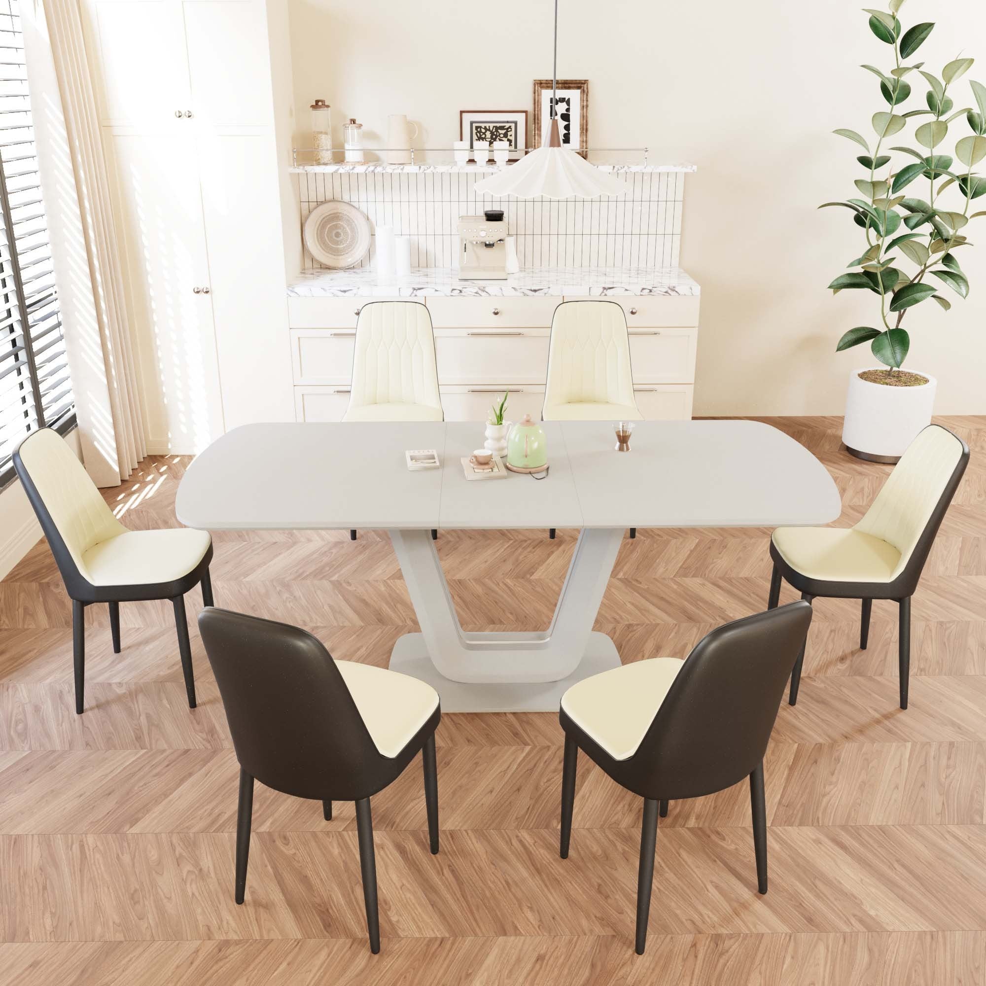 62.99-78.74' expandable dining table set for 2-8 people, equipped with 6 PU fabric thick padded dining chairs and an spacious dining table, kitchen table and chairs, with U-shaped table legs