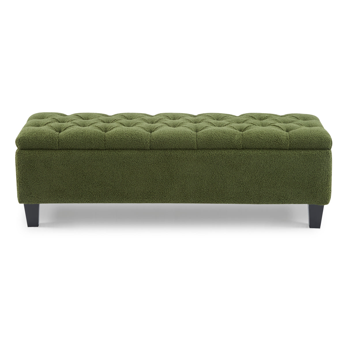 Ottoman Bench with Storage, Green Boucle Surface, Rubber Wood Legs, 300 lbs Capacity