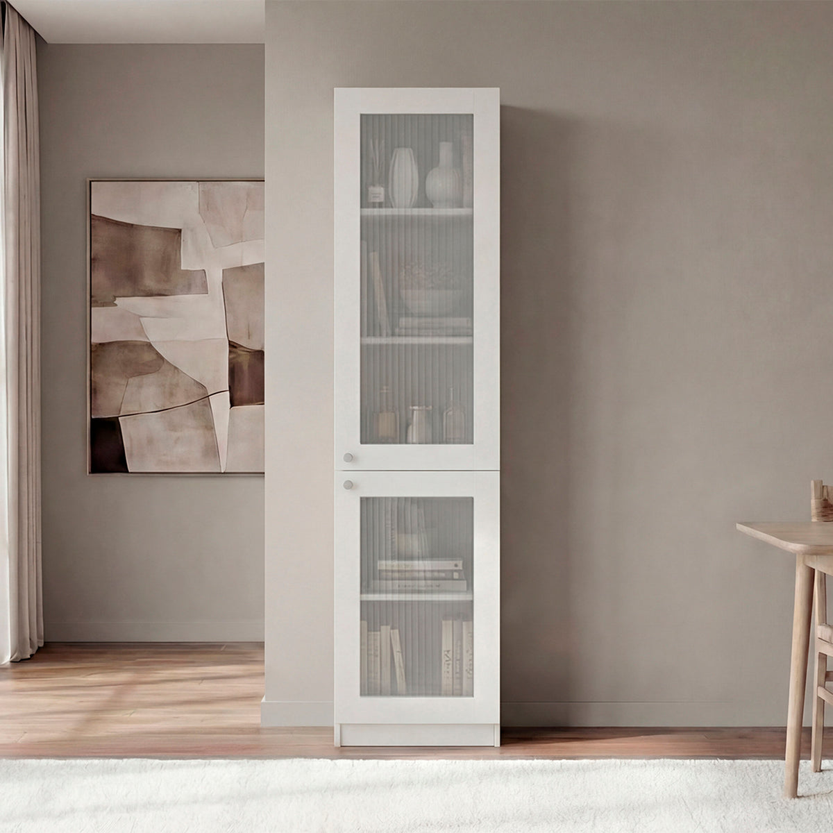 Tall Bookcase 71' H with 2 Fluted Panel Doors and Five Interior Shelves, White