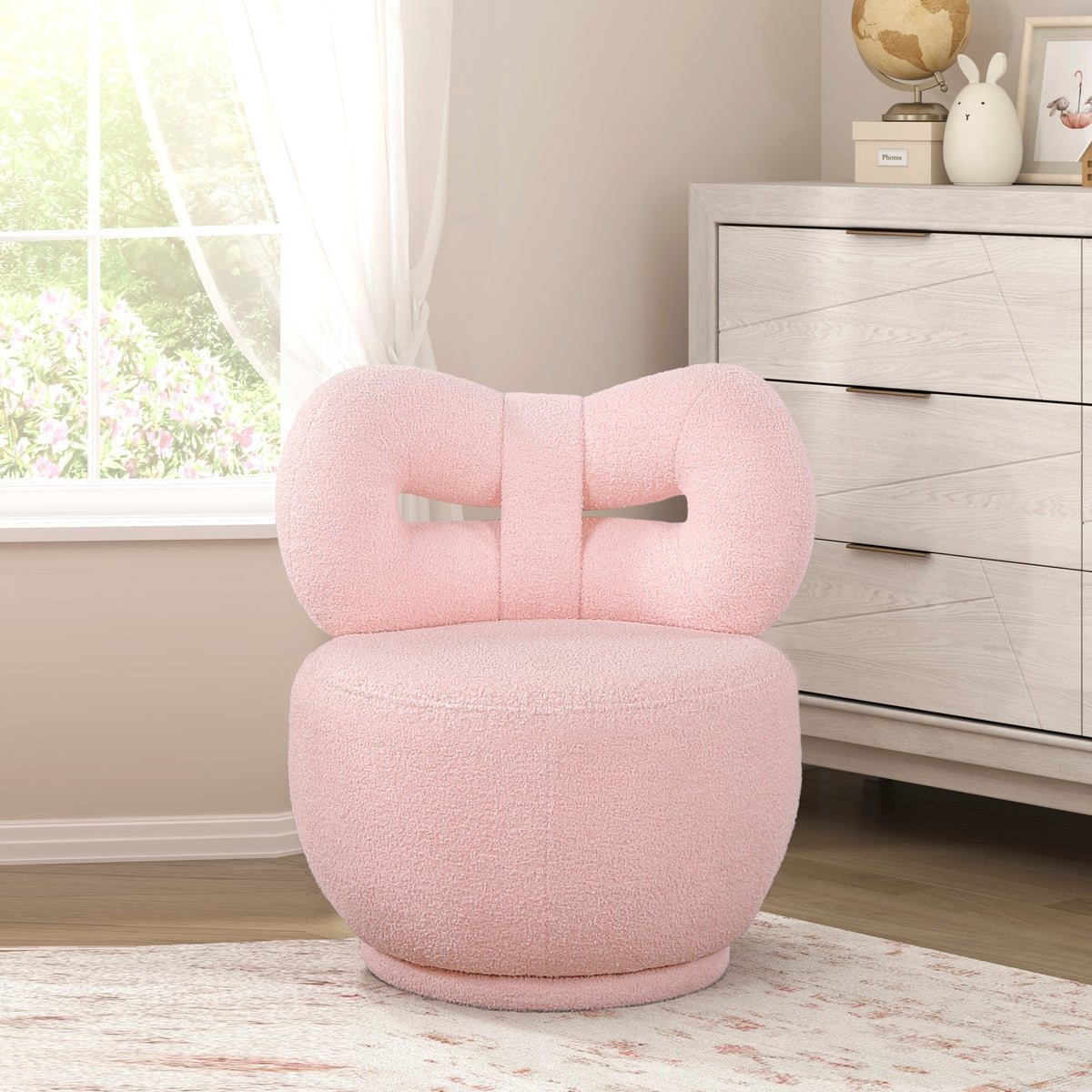 Luxury Comfort Kids Swivel Chair Pink Soft Bow-Shape Boucle Fabric Upholstery Plywood Frame Furniture 1pc Small Children Chair