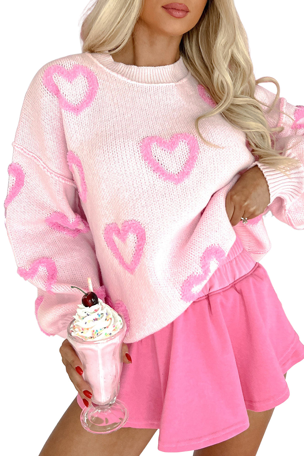 Pink Heart Shape Bubble Sleeve Baggy Sweater