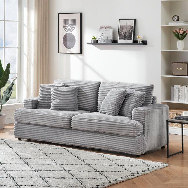 88.58' corduroy 3-seater sofa, spacious and comfortable. Paired with 4 throw pillows in the same color, it adds an elegant touch to a modern living room.Gray