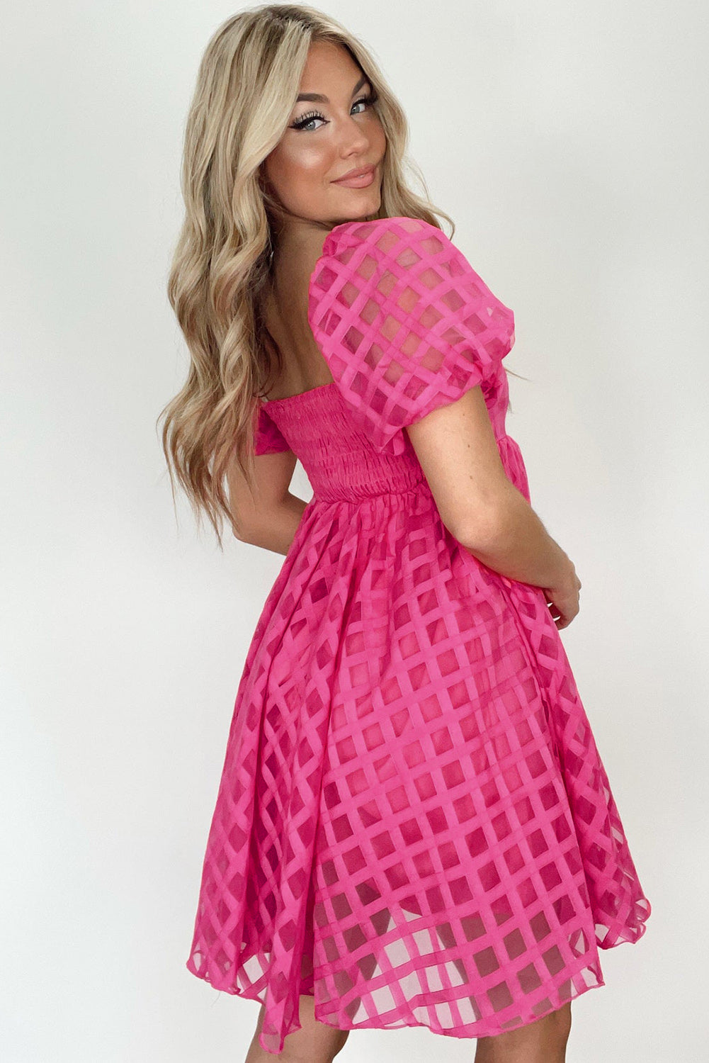 Strawberry Pink Checkered Puff Sleeve Babydoll Dress - Eloy Royal