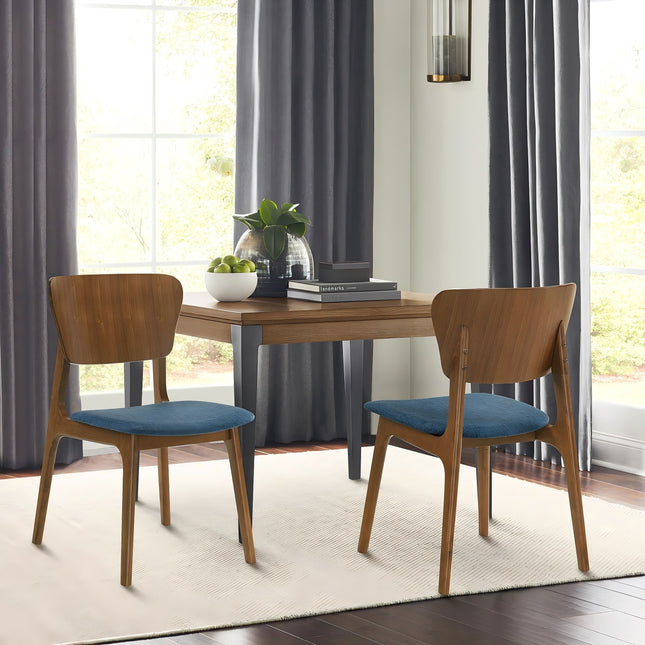 Alikai Wood Dining Chair in Walnut Finish with Blue Fabric - Set of 2